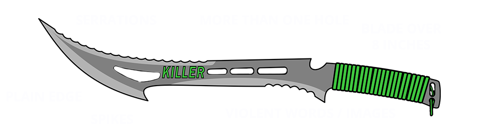 Image of a zombie knife featuring multiple spikes, holes and words glamorising violence. Not a nice item!